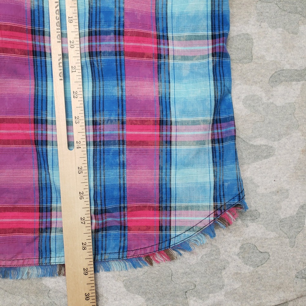 Rock 47 by Wrangler Top Womens Medium Blue Pearl Snap Long Sleeve Plaid Cowgirl - Picture 10 of 11